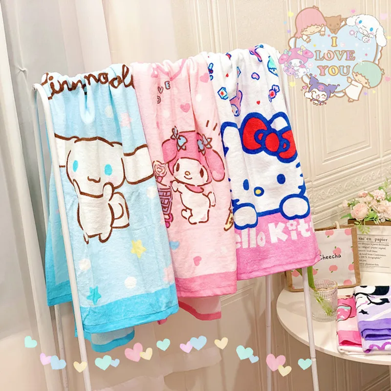 Sanrio Kuromi Cartoon Bath Towel Absorbent Cotton Children's Adult Hello Kitty Bath Towel Beach Large Towel Wrap Cover Blanket