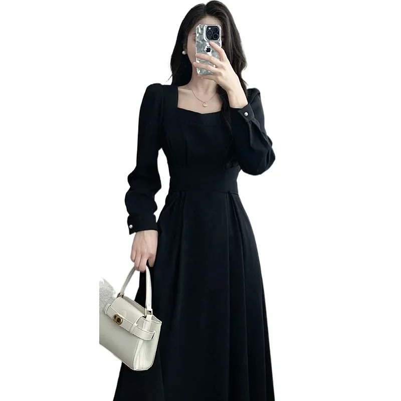 

Осенняя коллекция 2024, женское платье трапециевидной формы с длинными рукавами и квадратным воротником, облегающее талию, утягивающая юбка средней длины, элитная социальная юбка