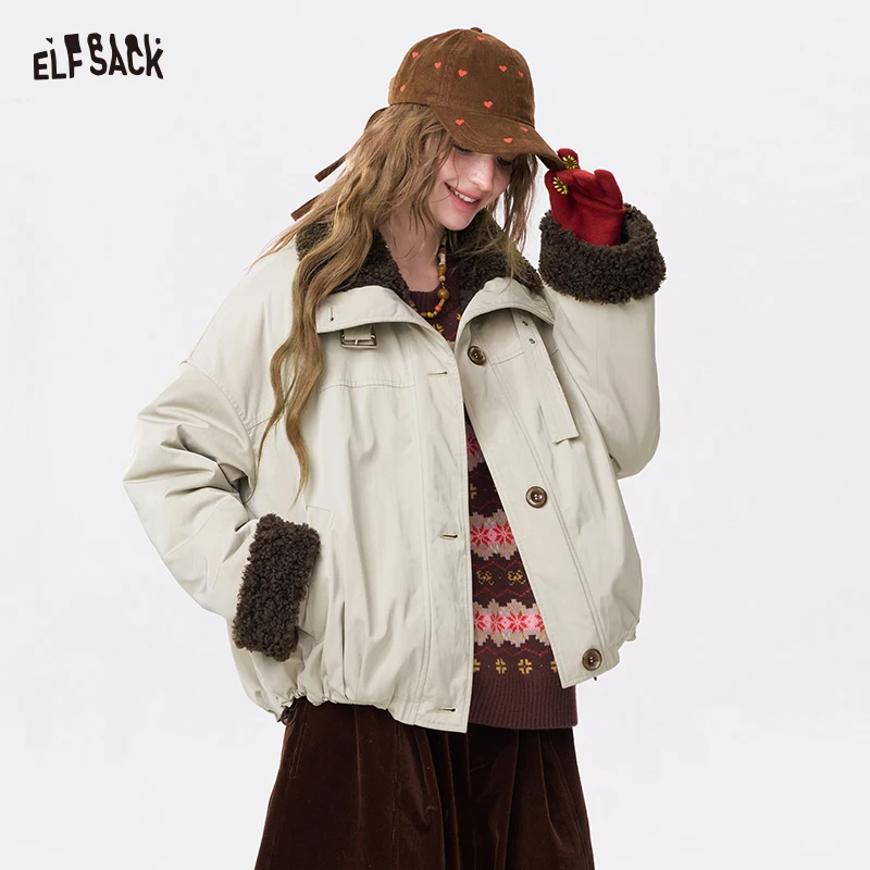 ELFSACK Minimalist Casual Solid Plush Lined Coat For Women