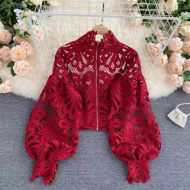 New Sexy Lace Hollow Out Short Blouses Women Casual Lantern Long Sleeve Elegant Solid Shirts Female Vintage Autumn Fashion Tops