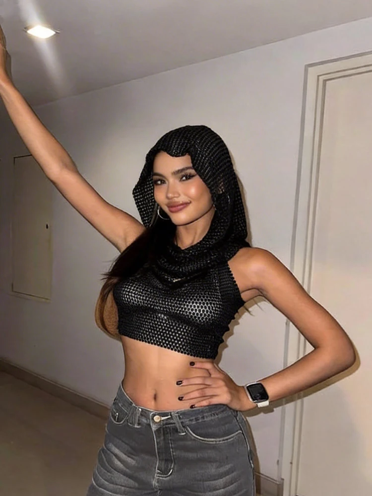 

Women Metal Sequins Tank Top With Turban 2 Piece Set, Sexy V Neck Backless Suspender Top for Rave Festival Party Nightclub Camis