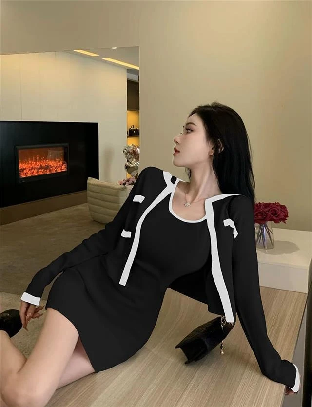 Mini Wrap Hip Spaghetti Strap Black Vest Dress Knitted Two Piece Sets White Cropped Cardigan Jacket Casual Spring New