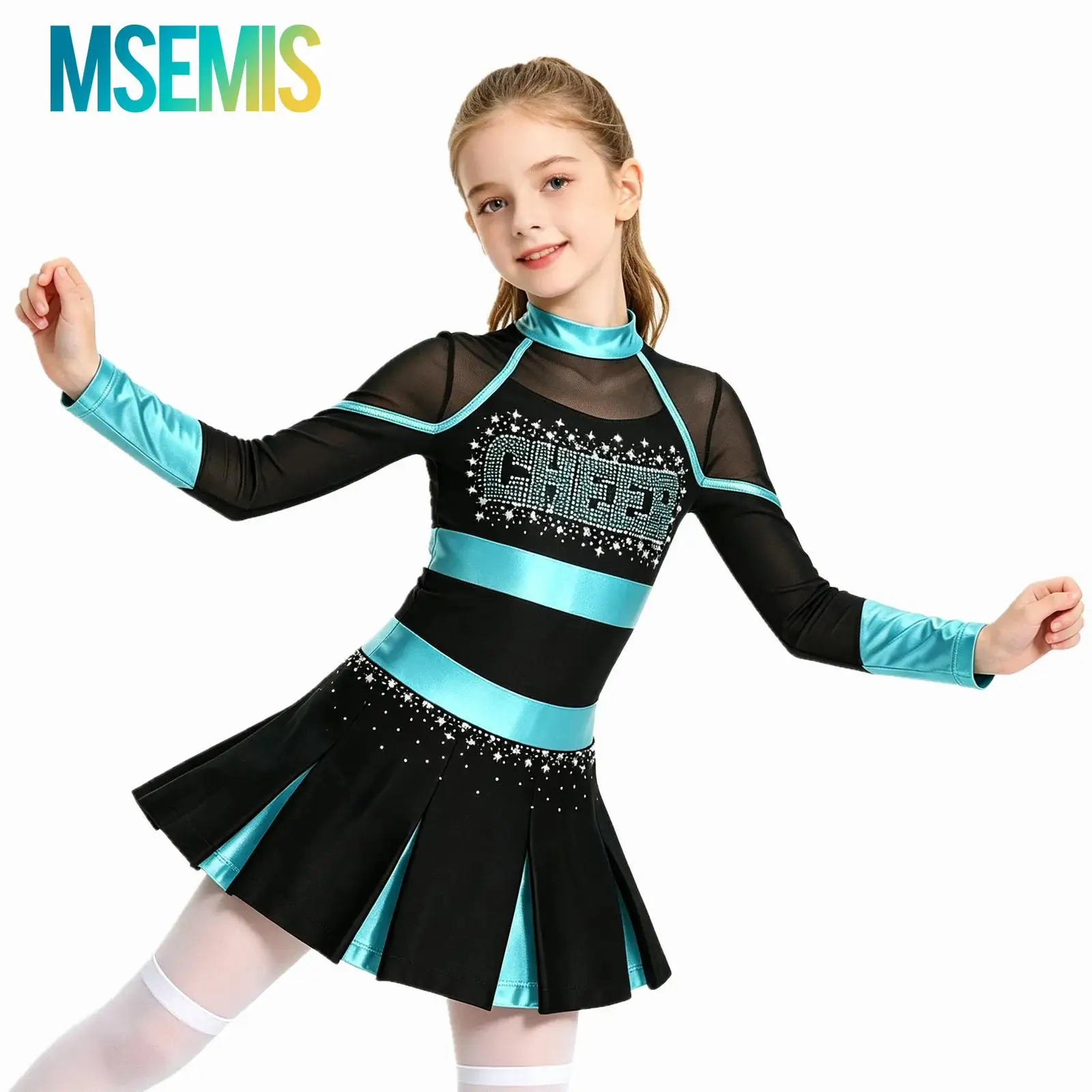 Kids Girls cheerleader Uniform Cheerleading Dance Costume Glittery Rhinestones Letter Pattern Metallic Long Sleeve Pleated Dress