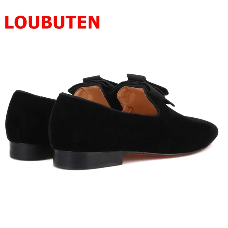 LOUBUTEN Luxury Black Velvet Shoes Men Bowtie Loafers Fashion Party And Banquet Shoes Male Slip On Casual Shoes