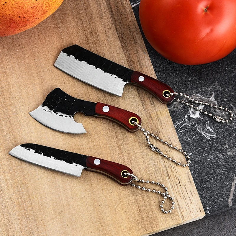 Mini Kitchen Knife Keychain Multi-function Wooden Handle Small Pocket Knife Stainless Steel Self Defense Knives Supplies