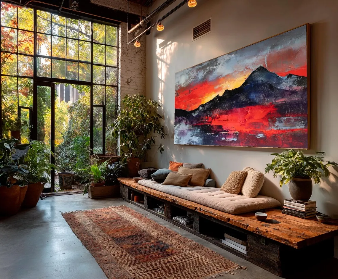 Large Handmade Canvas Texture Painting Vivid Colors Mountain Landscape Art Sunset Painting for Living Room Minimalist Wall Art