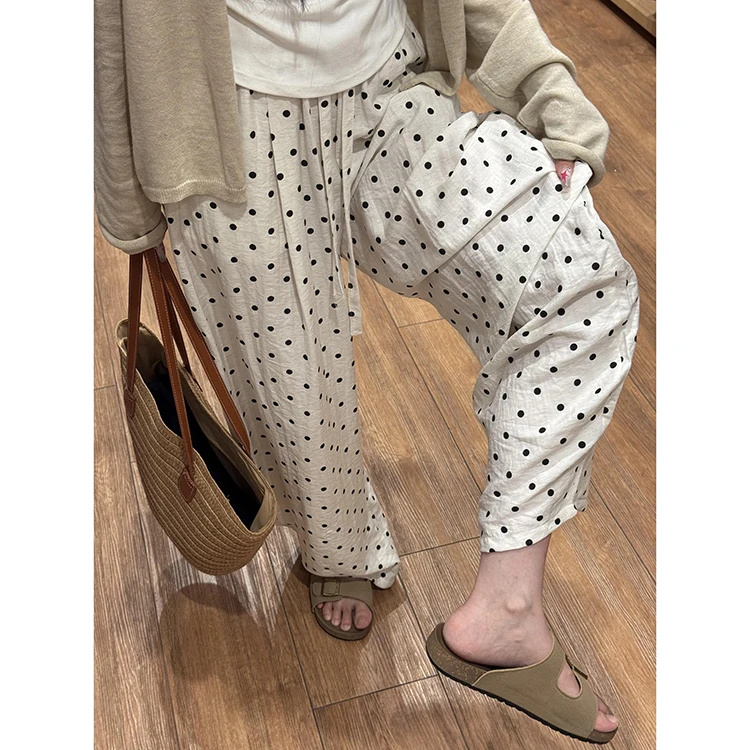 슬림 폴카 도트 와이드 레그 팬츠 여성용 여름 2025 신상 루즈 캐주얼 바지 하이 웨이스트 롱 팬츠 폴리에스터 섬유