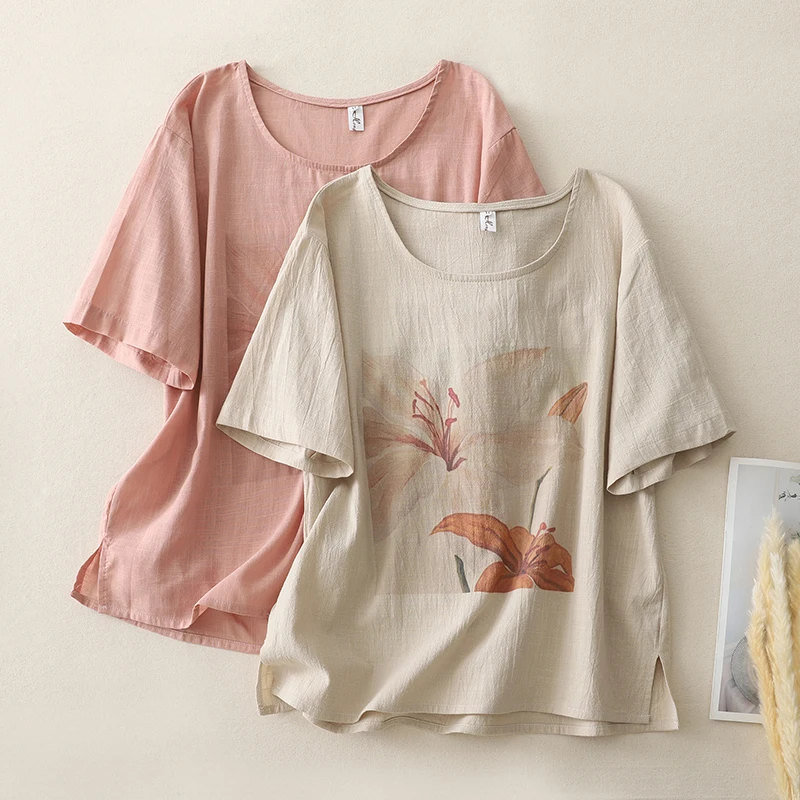 

Cotton and Linen Printed Round Neck Short-sleeved Pullover T-shirt Women's Summer New Retro Loose Large Size Simple Casual Top