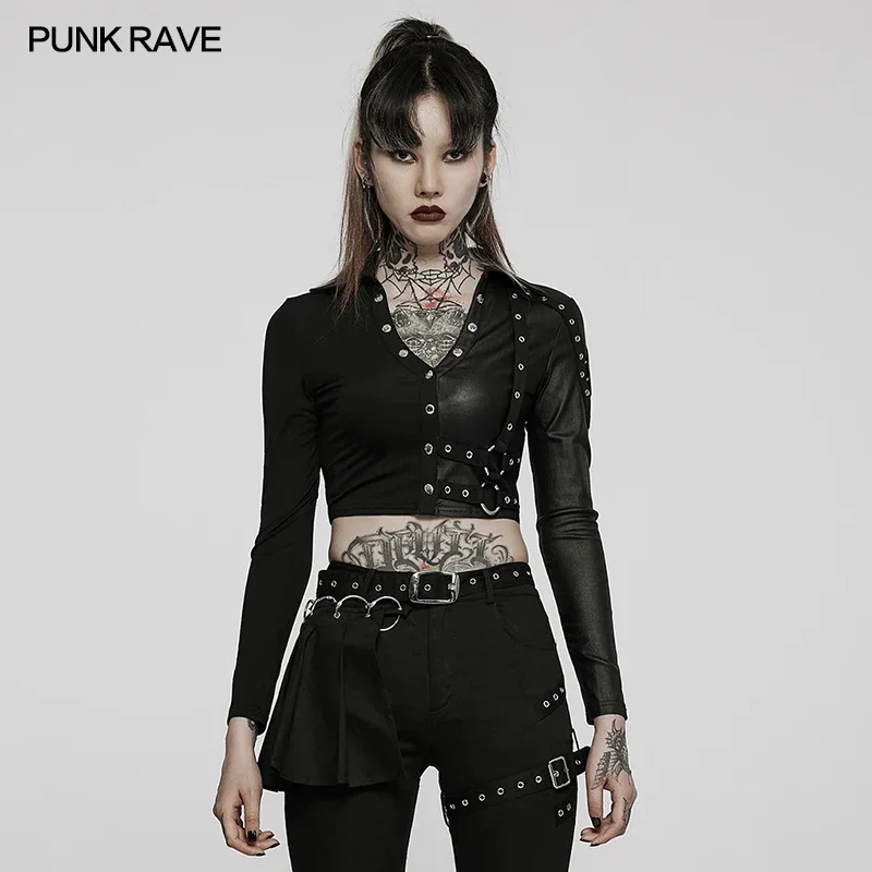 

PUNK RAVE Women's Punk Style Double Personalized Splicing Pullover T-shirt Tight Fitting Sexy Fashion Black Tops Women Clothing