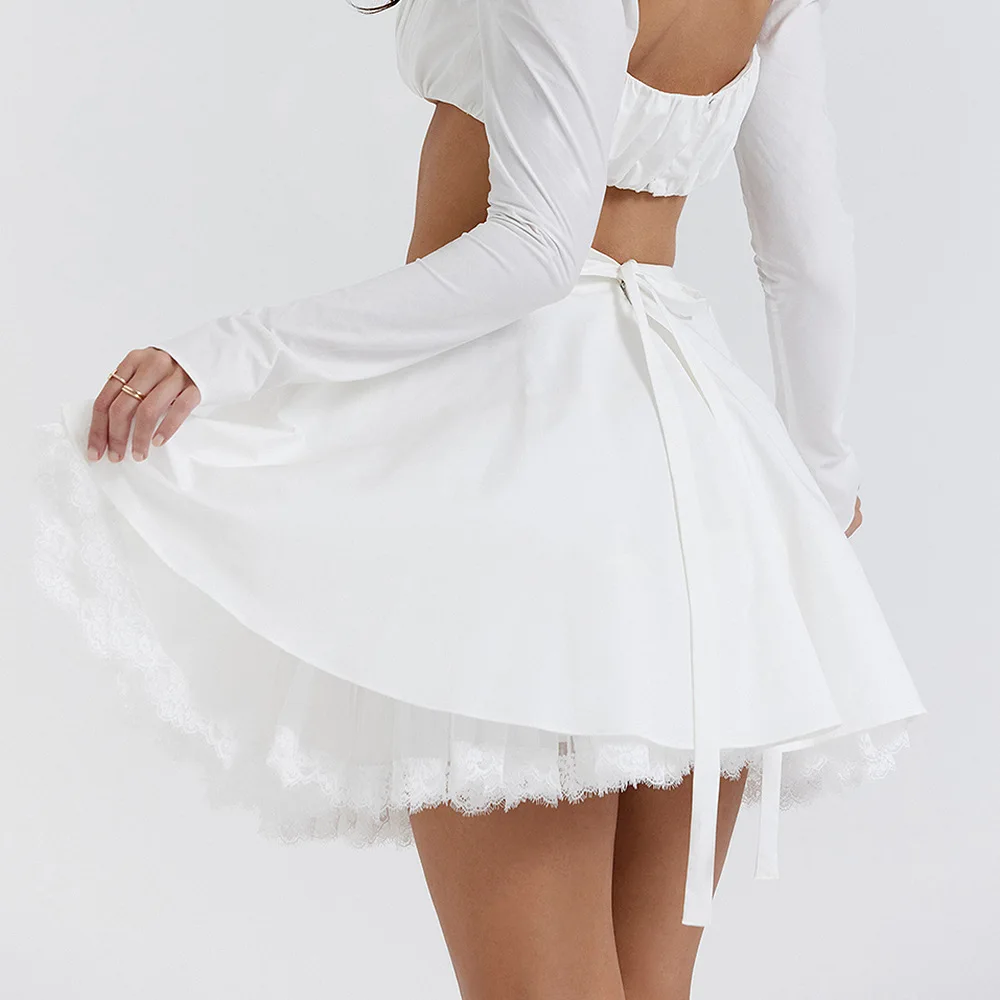 Women's Sweet Puffy Lace A-Line Skirt with Tie Back - Chic Mid Waist Petticoat for Girly Style