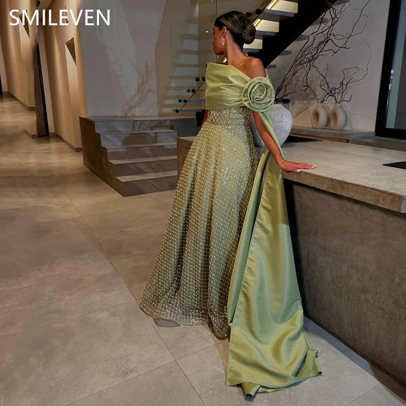 

Smileven A-line Green Prom Dress Off Shoulder Party Gowns Flower Appliques Saudi Arabia Formal Evening Dress Gift Customized