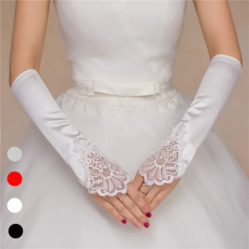 Bridal Gloves Fingerless Floral Embroidery Beaded Sleeve Wedding Dress Red White Black