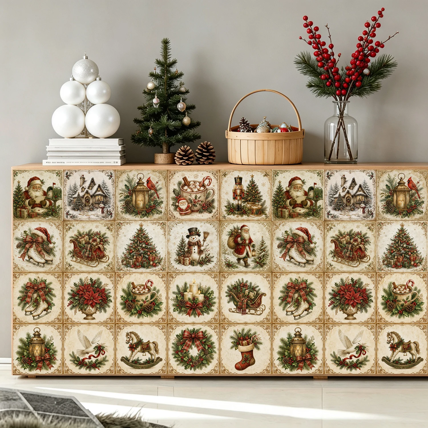 20pcs/set Christmas Style Frosted Film Ceramic Tile Wall Stickers Festival Decoration Wall Decor for Room Kitchen Bathroom