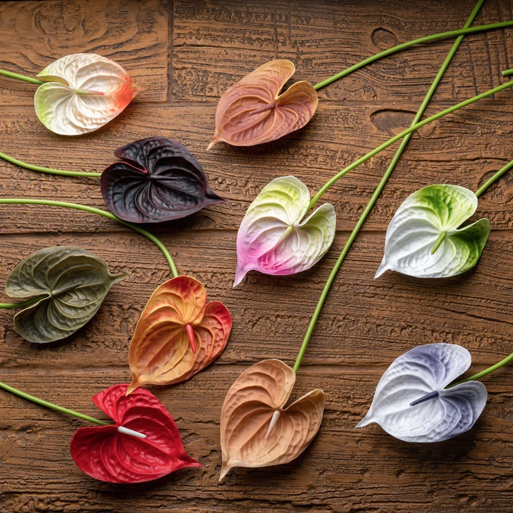 10Pc/lot PU Artificial Flowers Anthurium Bridal Bouquet Wedding Decoration Fake Palm Flowers Home Party Table Floral Arrangement