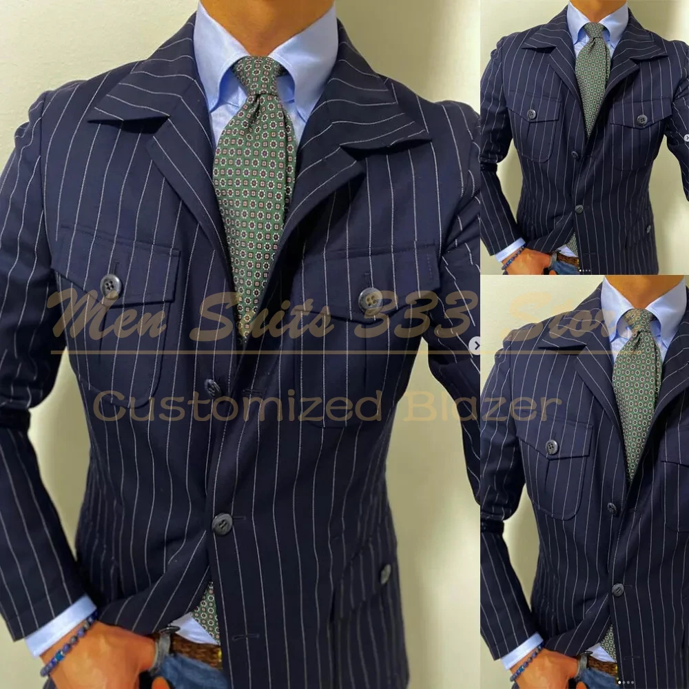 Fashion Navy Blue Stripe Men Suits Blazer 1 Piece Jacket Customzied Made Sing Breasted Notch Lapel Slim Fit Male Clothing