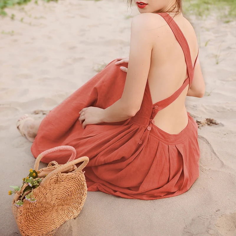 Cotton Linen Elegant Women Dress Sexy Sleeveless Sqaure Collar Back Cross Long Midi Party Dress With Pocket Summer Clothes