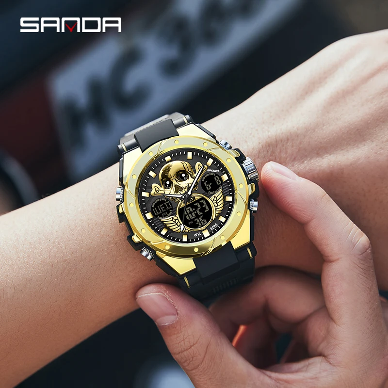SANDA 6087 الرياضة الجمجمة ساعات رجالية فاخرة العسكرية كوارتز ساعة إلكترونية مقاوم للماء ساعات المعصم الرقمية Relogio Masculino