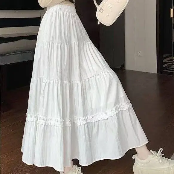 الأبيض ألف خط ميدي تنورة المرأة رقيق لطيف التخسيس العمر Defng مطوي مظلة كعكة تنورة تخفيف عالية الخصر تنورة طويلة #1
