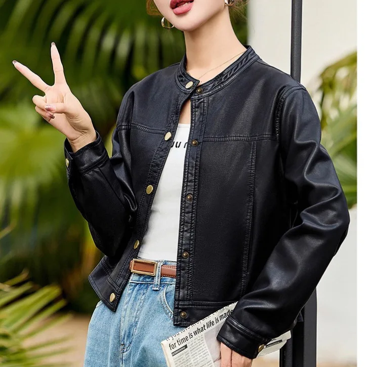 Women's Solid Color Round Neck Single Breasted Loose Cropped Faux Leather Jacket Trendy Slimming Comfort All-match Commute Coat