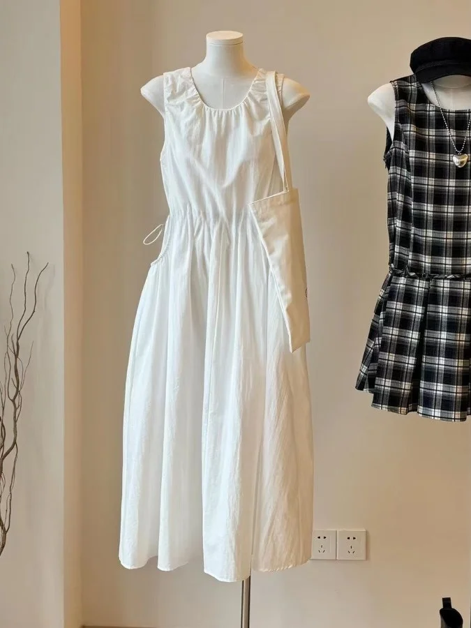 Casual Korean Style Drawstring Waist Vest Loose Dress Summer New Arrival Women's Comfortable Cotton A-Line Skirt Dress