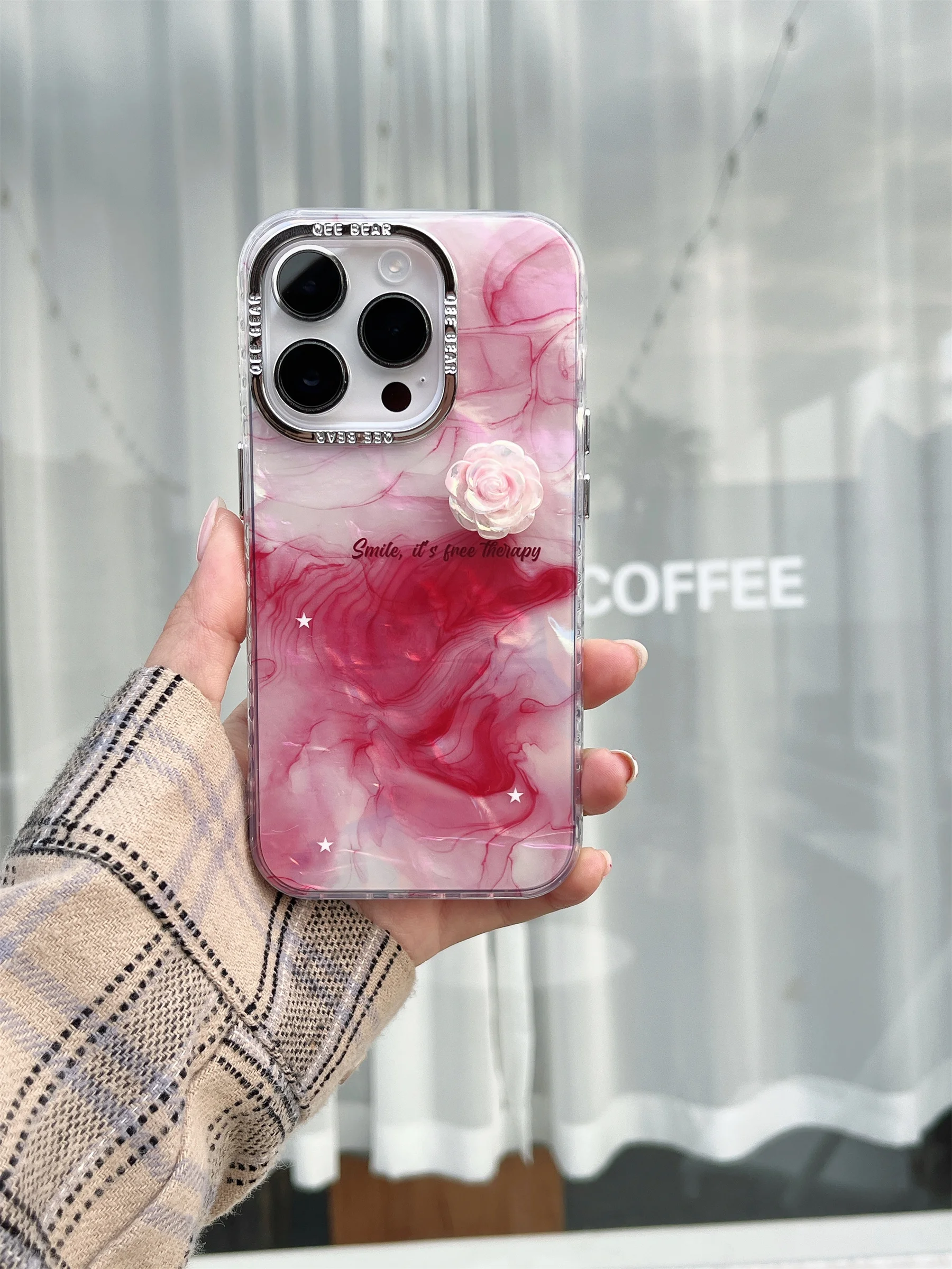 Halo Dyeing 3D Camellia Case para iPhone, capa traseira à prova de choque suave, menina elegante, estética de luxo Ins coreana, 15, 14, 13, 12 Pro Max