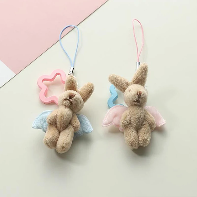 Cute Angel Wings Bunny Flower Mobile Phone Chain Keychain Pendant Bag Ornament Girly Heart Plush Rabbit Phone Case Lanyard Gifts