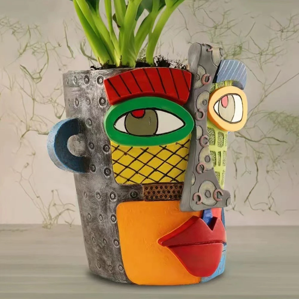 Flower Pot Brutalist Handmade Retro Face Resin Funny Planters Picasso Abstract Face Potted Plant Container for Garden Patio