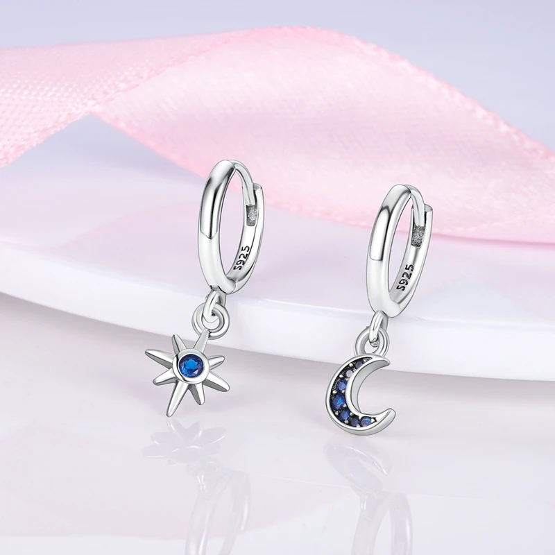 New 925 Sterling Silver Hoop Earrings Star Moon Stud Drop Earrings For Woman Party Wedding Accessories Fashion Jewelry Gift image 5