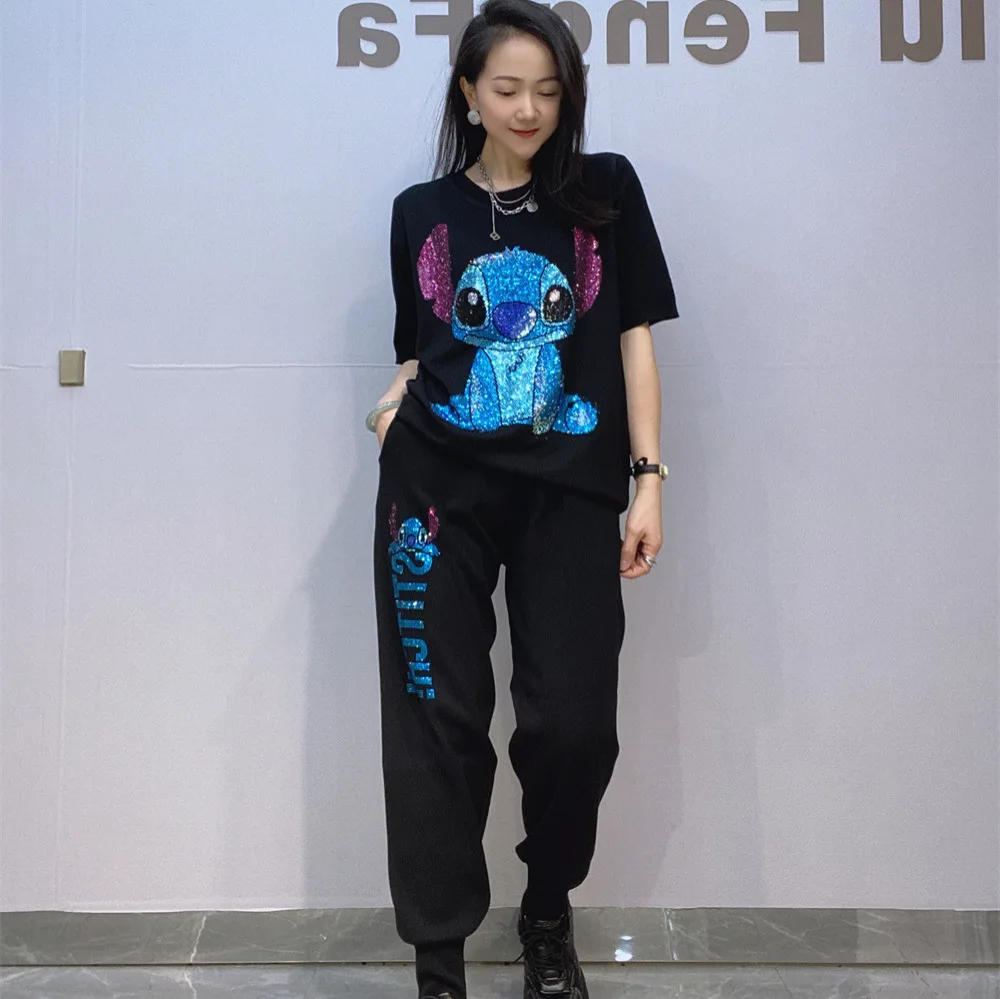 Fashion Knitted Round Neck Short Sleeve Top and Long Pants Casual Set for Women Spring Summer Rhinestone Two-Piece Sets