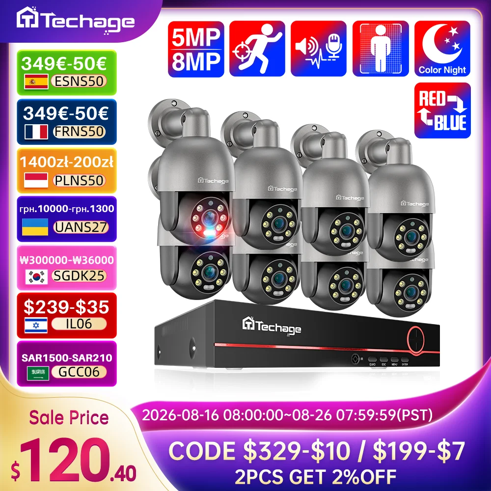 Techage HD 5MP 8MP POE Smart Security PTZ Camera System Outdoor Ultra H.265 8CH CCTV System Full Color Night Surveillance Kit
