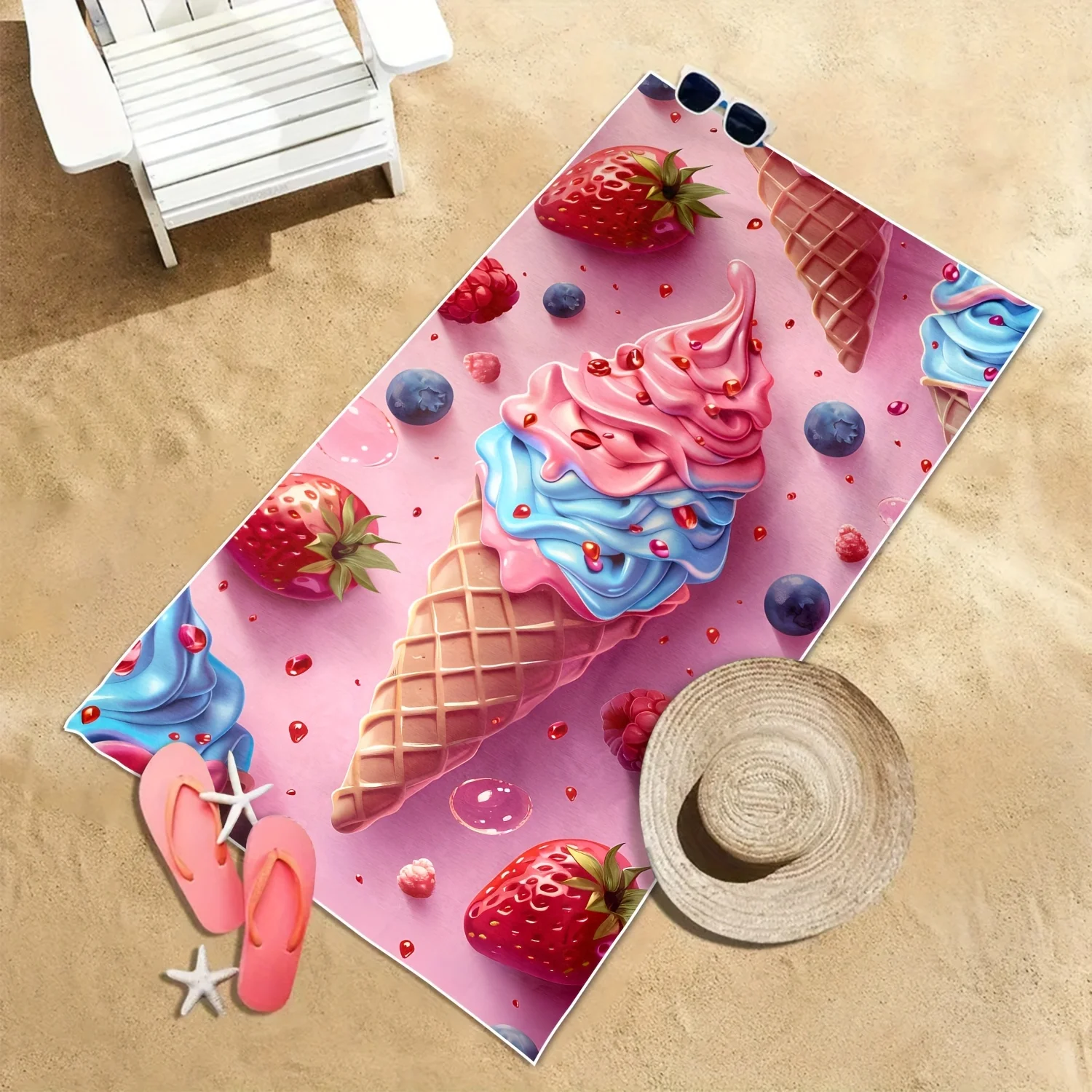 

Fruit Ice Cream Pattern Beach Towel, Blueberry Strawberry Design Soft Absorbent Quick Dry Microfiber for Pool Travel Camping