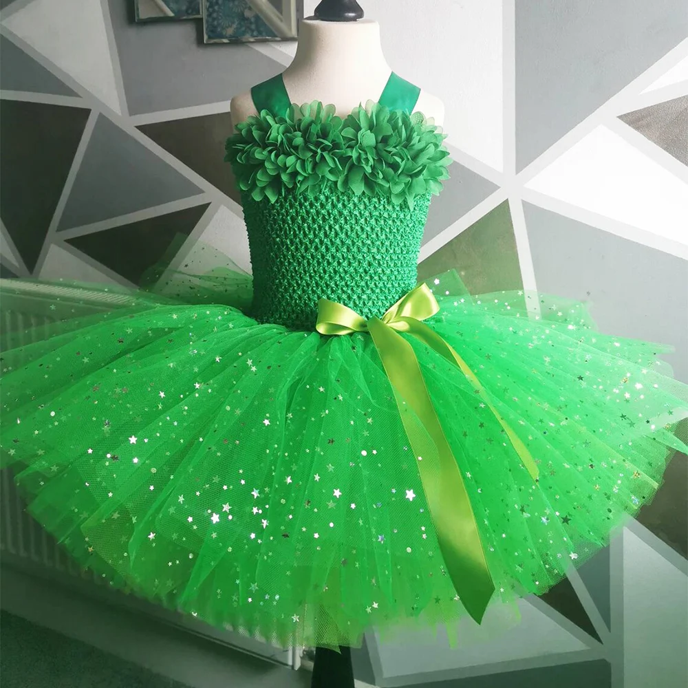 Girls Green Glitter Tutu Dress Kids Flower Fairy Dress with Butterfly Wing Set Children Party Costume Sparkled Stars Dresses