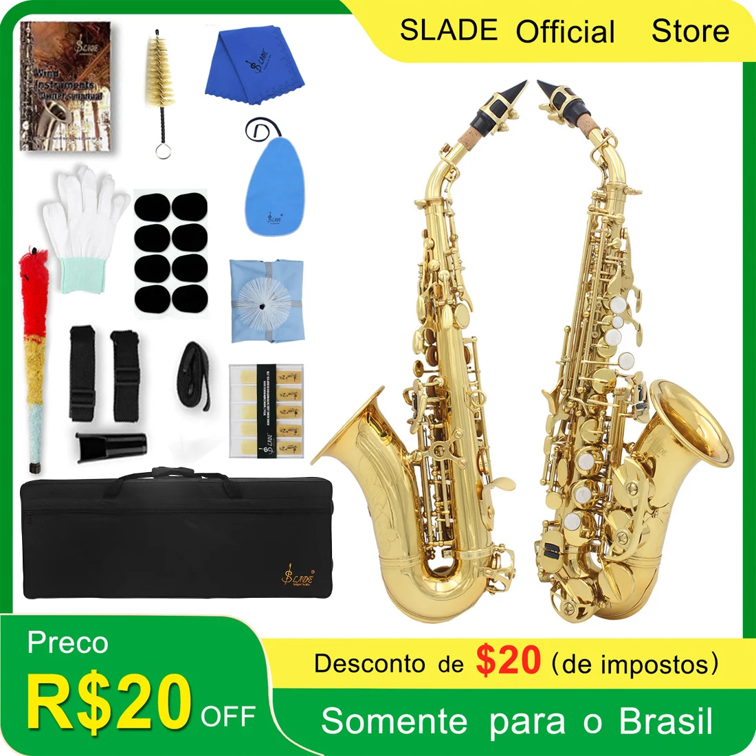 

SLADE Gold Soprano Saxophone Student B Flat Gold Paint Beginner Saxophone Set with Cleaning Cloth Suitcase Mouthpiece Reeds Part