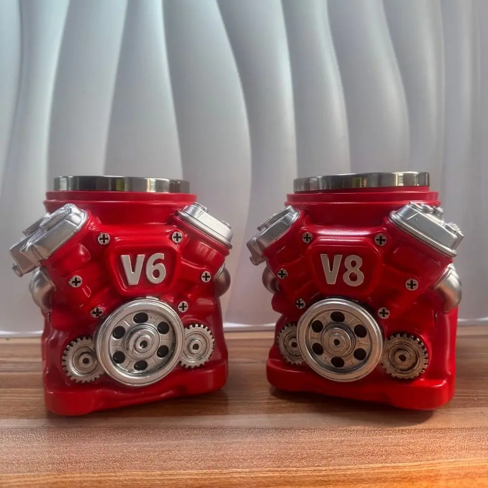 Retro Engine Coffee Mug Double Wall with Handle V8 Engines Stainless Steel Cup Realistic Design 300ML Insulation Car Mug
