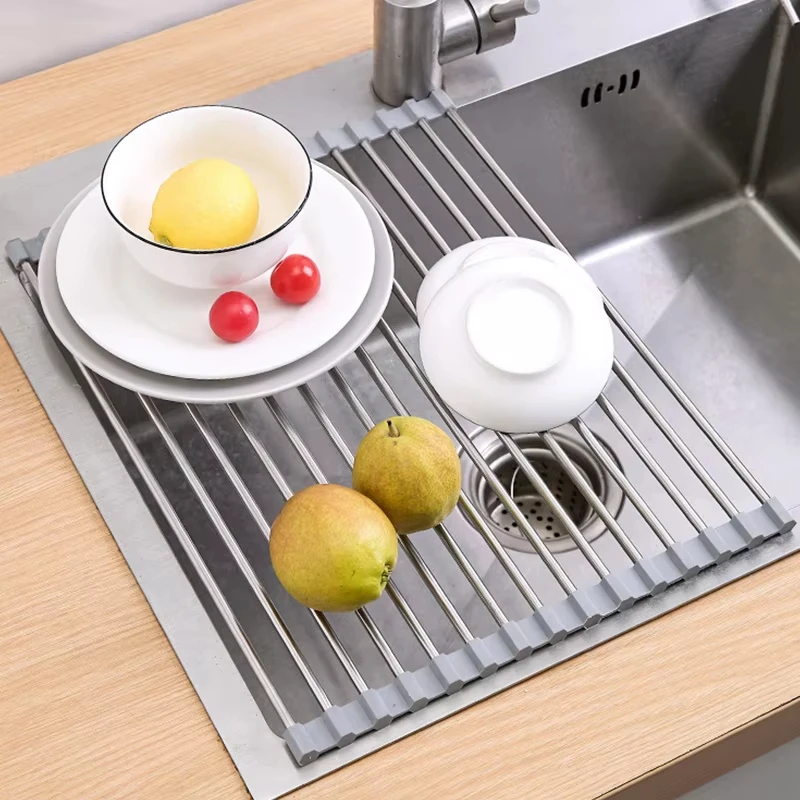 

Foldable Kitchen Dish Drainer Shelf Roll Up Dish Drying Rack Over Sink Multifunctional Dish Bowl and Fruit Vegetable Drainer