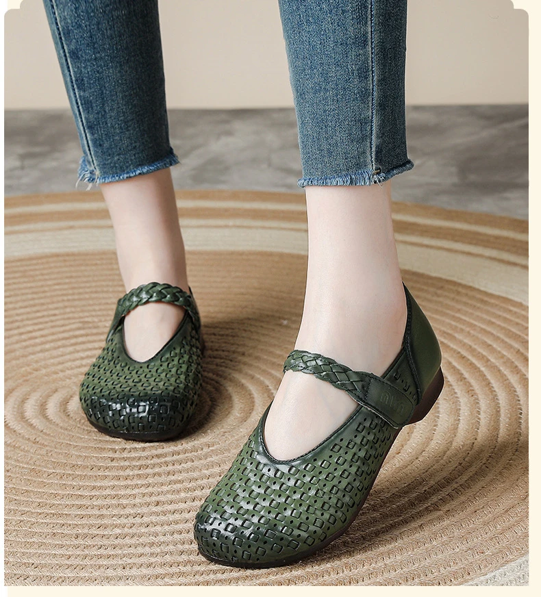Retro-Kunst-Ästhetik Echtleder Mary Jane Flats Damen Premium Rindsleder Geflochtene Schuhe Elegante Mokassins Vintage-Schuhe – Detail 5