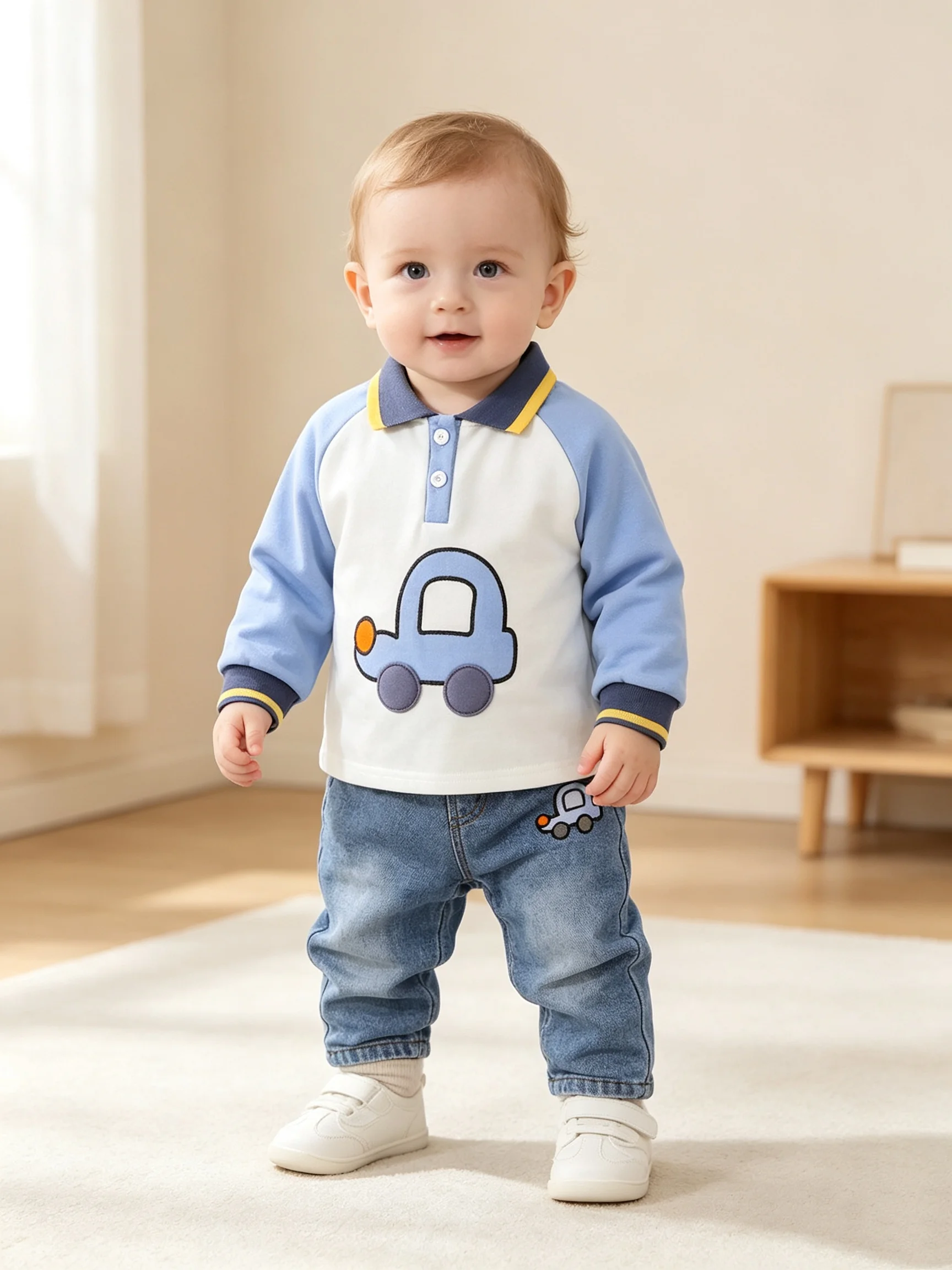 Boys Spring Autumn Polo Shirt Set with Color Block Sleeves And Car Patch Design Long Sleeve Polo + Cartoon Car Denim Pants