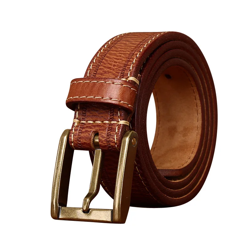 Men's Hand-rafted Vintage Distressed Thick Genuine Leather Pin-Buckle Belt Top-Grain Cowhide Stitched Decorative Waist Belt
