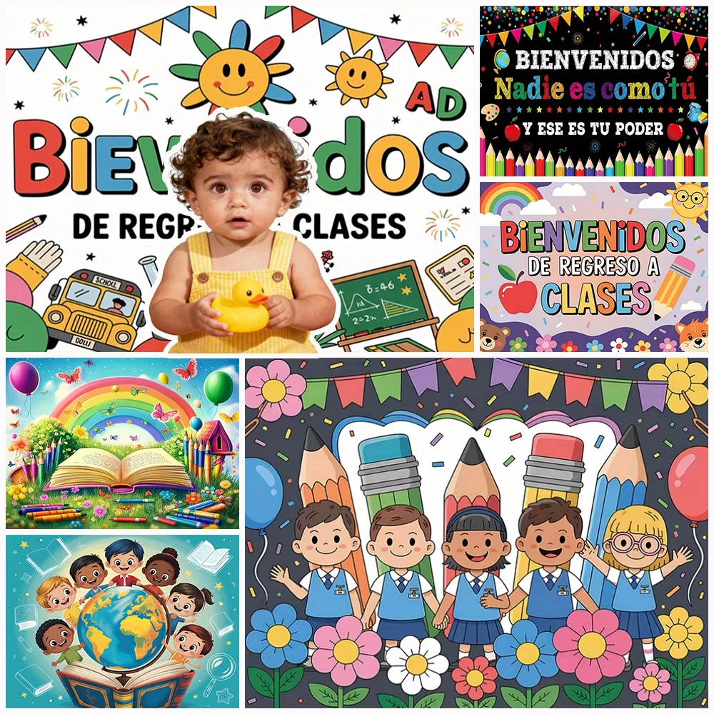 

Welcome Back To School Colorful Spanish Inspirational Classroom Decoration Backdrop School Bus Pencil Book Butterflie Background