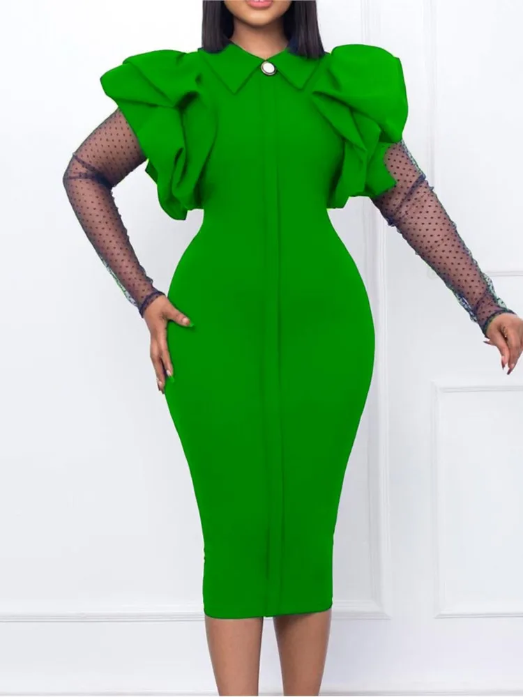 

Women New OL Atmosphere Dresses Autumn Winter Ruffles Lace Splicing Pleated Long Sleeves Elegant Office Ladies Work Female Robes