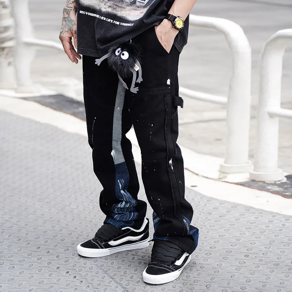 2023 Hip Hop Splash Ink Wide Leg Jeans Y2k Distressed Colorblock Denim Jean with Print Graffiti Flare Denim Pants for Men