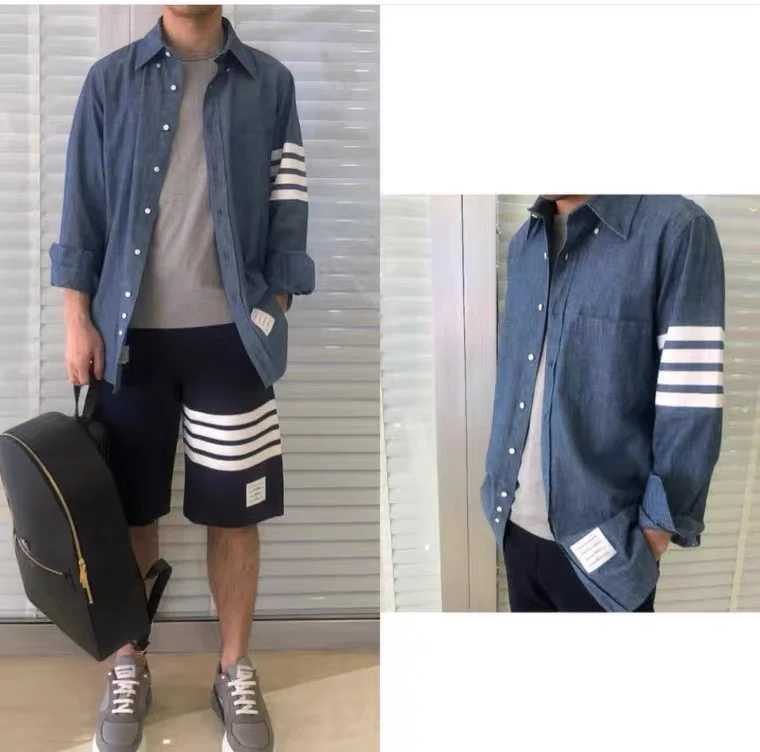 

Новая джинсовая рубашка нейтрального синего цвета свободного кроя в повседневном стиле для мужчин и женщин, бренд Thombraden, другие материалы, женская рубашка премиум-класса