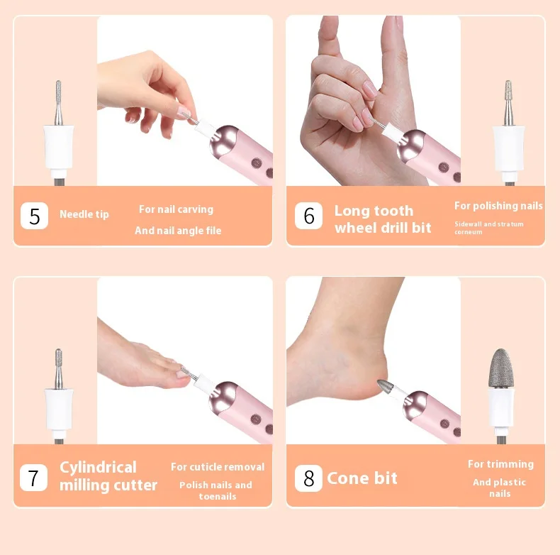 สว่านเล็บไร้สาย 8-in-1 Pro - ชุดแต่งเล็บไฟฟ้าเงียบ ชาร์จใหม่ได้สําหรับใช้ในบ้าน/ร้านเสริมสวย