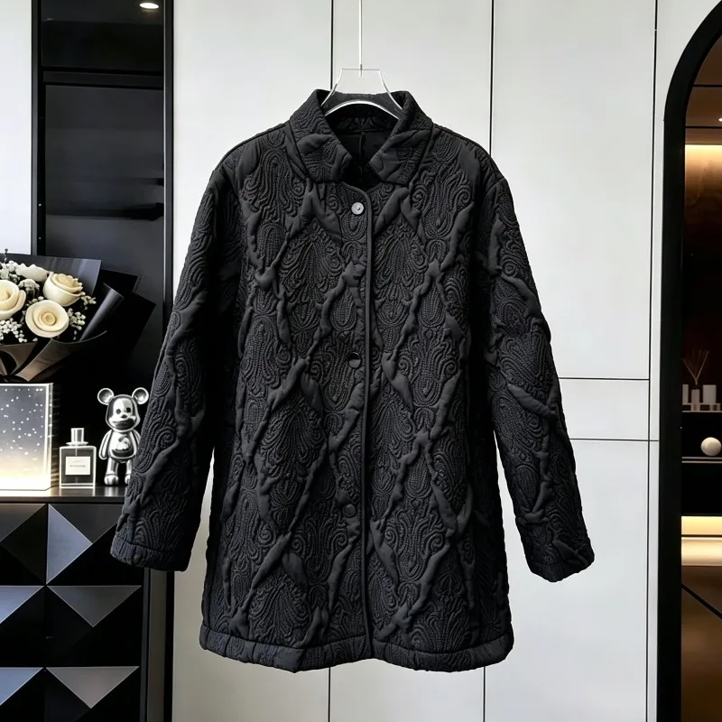 Pleated Embossed Stand Collar Cotton Jacket Winter New Single-Breasted Long Sleeve Loose Elegant Commuter Women's Thickened Coat