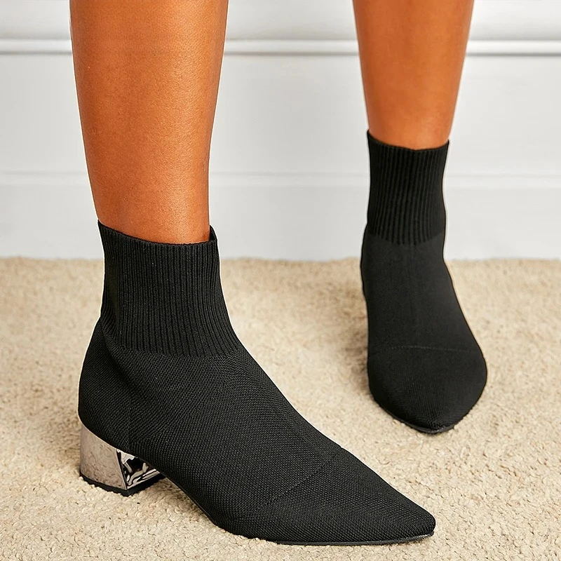 

Women's Pointed Toe Knitted Stretch Fabric Sock Ankle Boots Metallic Chunky Block Heel Slip on Elegant Office Daily Footwear