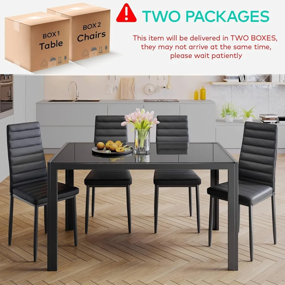 5 Piece Glass Dining Table Set, Kitchen and Chairs for 4, PU Leather Modern Room Sets for Home, Kitchen, Living Room image 3