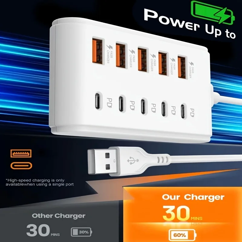 10-Port USB Fast Charging Station 5*Type-C PD + 5*USB-A Compact High-Speed Charging Adapter Technology Enthusiast Workspace Hub