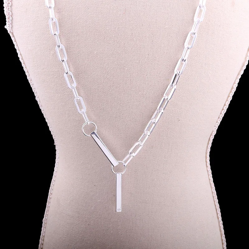 

N Plain Silver Stick Necklace S925 Silver Simple Women's Atmosphere Blade Chain Square Square Necklace