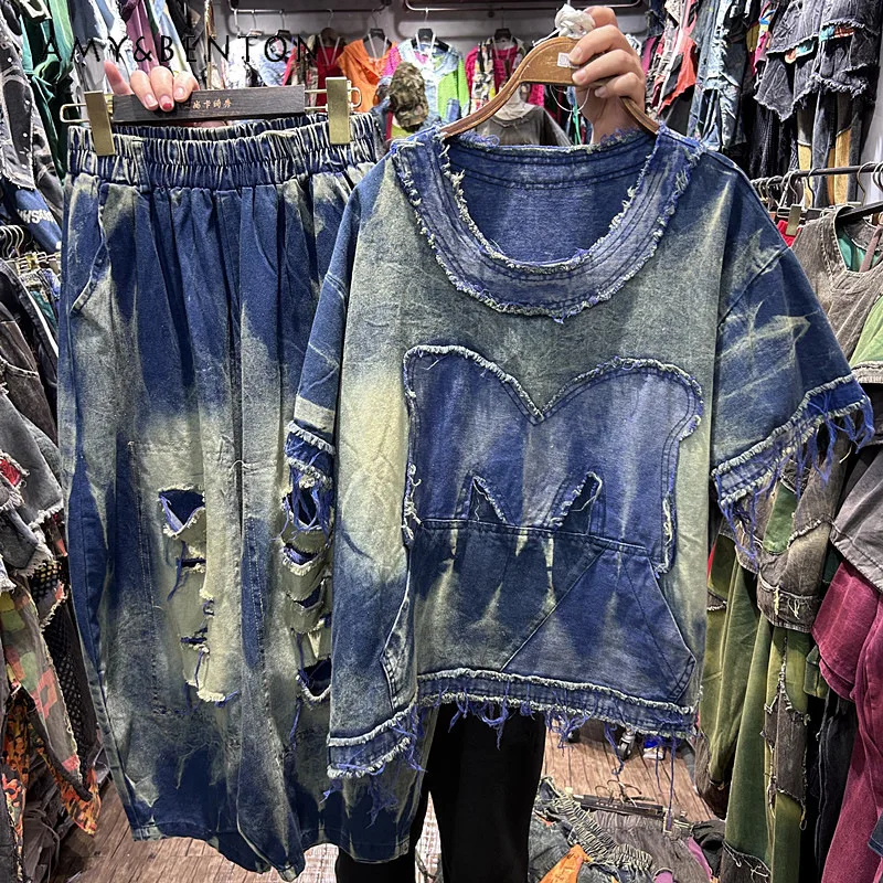 

2026 New European Style Patchwork Vintage Hollow Loose Tee Tops Elastic Waist Calf Length Wide Leg Pants Casual Tracksuit Outfit