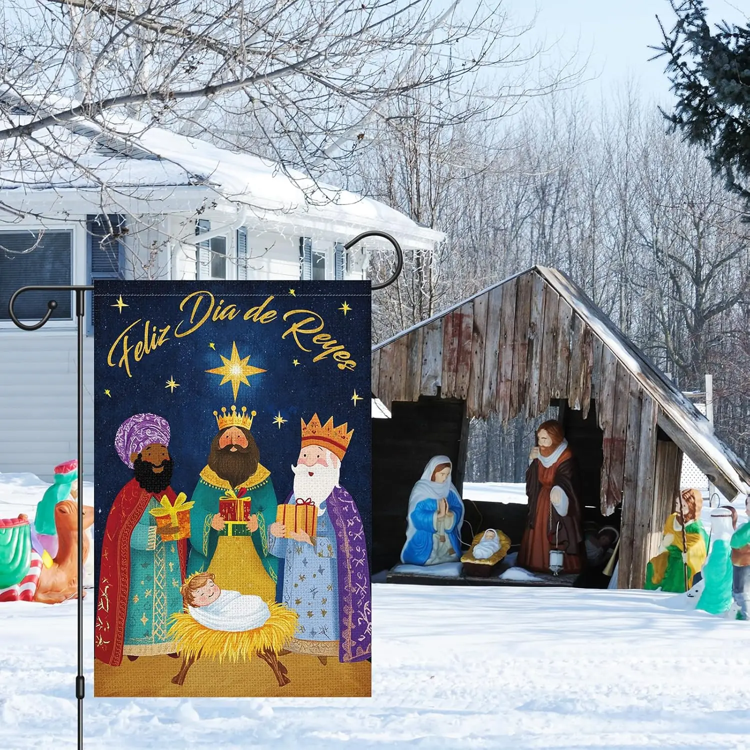 Heyfibro Feliz Dia De Reyes Garden Flag Three Kings Christmas Flags 12 x 18 Inch Double Sided Burlap,Nativity Christ Yard Ba zzo